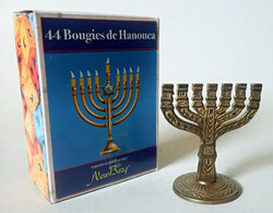 Vintage retro Judaica copper mini menorah 7 branch Hanukkah candle holder + 44 Hanukkah candles in a box