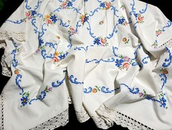 Old linen tablecloth embroidered with a cross stitch flower pattern 150 x 135 cm