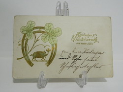 Antique embossed New Year greeting litho postcard with gilded horseshoe lucky pig