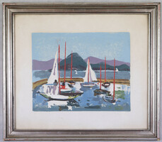 éva Gera(1923-): sailing on the Balaton. Colored lino