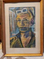 Derkovits Gyula szignós pasztell portré, a festmény hátoldalán '37-es ajánlással