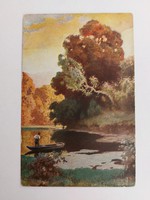 Old postcard autumn landscape fisherman on the lake postcard