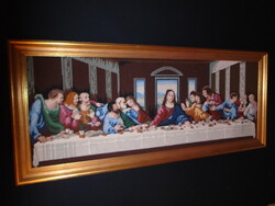 Szép nagy szentes  jelenetes gobelinkép 12 apostól kézi készítésű vastag aranyozott fa keretben