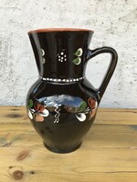 Glazed folk flower patterned ceramic pitcher vase