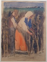 József Koszta: corn crushers original etching
