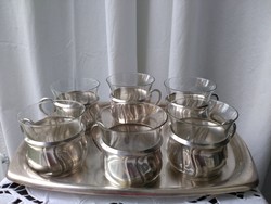 Swiss silver sig mark cup holder with original heat-resistant glasses from Jena + silver-plated tray