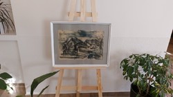(K) village picture graphic, painting with 55x44 cm frame