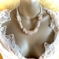 Vintage rózsakvarc ásvány nyakék, rózsakvarc nyaklánc, nagy kövekből, 50 cm hosszú