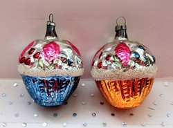 Old glass large basket Christmas tree ornaments 8cm 2 pieces each