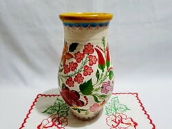 Antik, egyedi Kalocsai mintával festett kerámia váza 24 cm magas