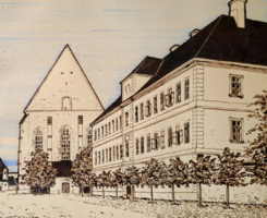 Kolozsvár, Farkas utcai Református kollégium és templom - 1939 (tm. 26x23 cm) tollrajz, utcakép
