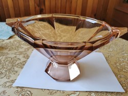 Gyönyörű lazac színű talpas üveg asztalközép, gyümölcsös üveg  tál  16 cm magas