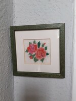 Pink tapestry embroidered picture in a green wooden frame 15x16 cm wall picture