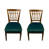 Pair of Art Nouveau solid wood dining chairs with turquoise velvet fabric - urban studio -