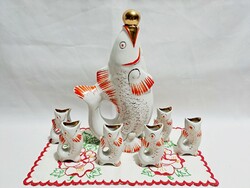 Régi Orosz porcelán halas, hal formájú pálinkás készlet nagy kiöntő 6 kupica pohár
