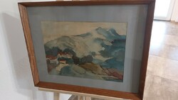 (K) Károly plesznivy small village with gallery among the mountains watercolor painting 62x49 cm with frame