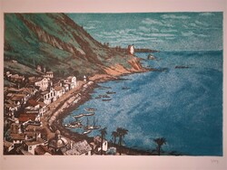 Greek scene: seaside town, color etching, pa art print (59 x 38.5 cm), 1970s