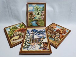 4 db gobelin kép fa keretben: négy évszak 26 x 20 cm