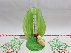 Régi tömör zöld üveg asztali hőmérő csibével 12 cm magas