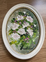 Sokk rózsás ovális festmény Szentendrei festő alkotása.