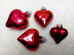 Retro üveg karácsonyfadísz piros szív alakú régi üvegdísz 4 db