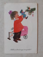 Old Christmas postcard 1960 little girl toys style postcard