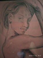 erotikus Grafika rajz, akt kép rózsaszín papíron, ceruzarajz fiatal hölgyről