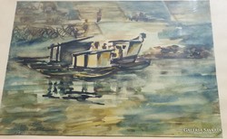 Unknown creator _ fishing boat _ marked watercolor painting