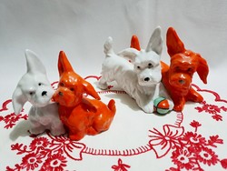 2 db különleges piros-fehér porcelán kutyapár, kutyusok