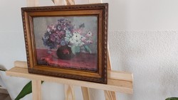 (K) Szép régi virágcsendélet festmény Kalicza szignóval 31x25 cm kerettel