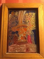Betlehemes kompozíció üvegre festett, gazdagon aranyozott fa keretben 18x15cm