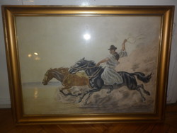 Antique benyovszky colt driving horse colored etching 60x45cm