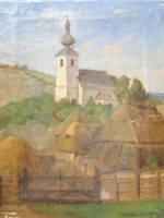 Jenő Kuszka Szepesi (1885-1948): cityscape with church (oil, canvas, 30x23 cm), signed