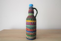 Old colorful woven glass demizon bottle brandy holder wine rack offering - 25 cm