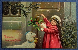 Antique embossed New Year greeting litho postcard little girl with dog at the door snowfall pine holly