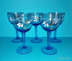 Régi festett kék üveg talpas boros pohár készlet 13,5 cm (z-1)