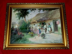 Ágoston Ács (1889-1947): courtship in the spring garden original painting