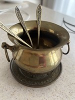 Copper mini pot/cauldron, with a small plate and 3 small copper spoons