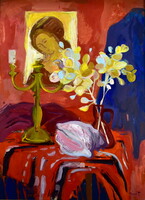 Tamara Illényi (1944) still life with portrait painting