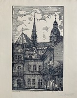 Hajnal Mihály (1935-) Prága I. (1994) című linómetszete /41x24 cm/