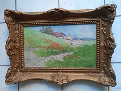 Novák Sándor: Pipacsos táj parasztházzal- eredeti jelzett olaj- fa