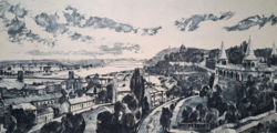 Impressive panorama of Budapest! Máté Csurgói (1931-2001) etching - chain bridge, Buda castle