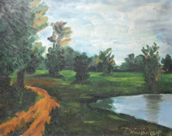 Waterside landscape with trees (oil, canvas, 50×40 cm) is it silly? Unidentified sign - serene landscape