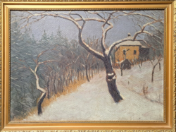 Winter landscape cutter (?) With markings, in a nice frame (full size: 50.5x38.5 cm) winter cottage