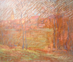Autumn landscape with a church, on the edge of the village (full size: 60x49 cm) red, red color scheme