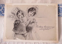 Reprint postcard based on an antique Christmas postcard, elegant ladies, winter landscape
