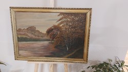 (K) landscape painting with frame 80x57 cm, river bank with size marking