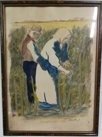 Kukoricatörők-Koszta József, akvarellel színezett litográfia