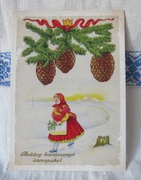 Reprint postcard based on an antique Christmas postcard, cone, girl in folk costume
