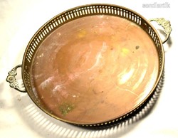 Art Nouveau copper tray with patina openwork rim and floral handle
